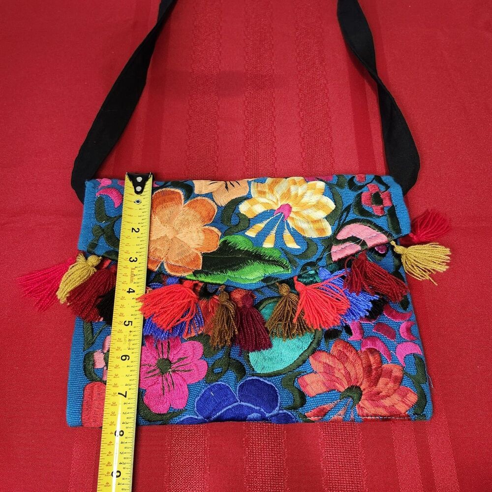Mexican Embroidered Floral Clutch Crossbody Purse Tassel Handmade Artesanal - Picture 6 of 6